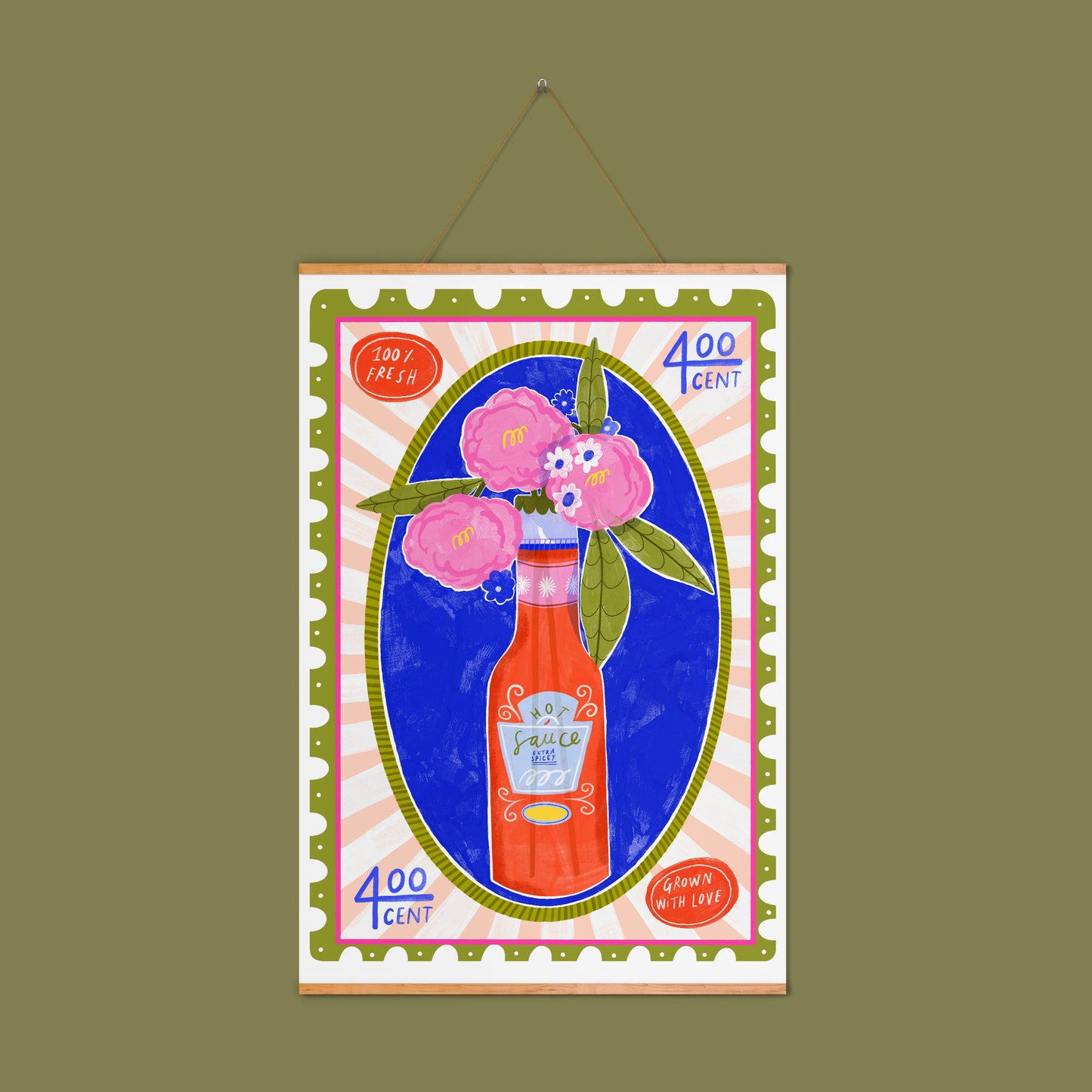 image of hot sauce, with pink flowers coming out of the top. the background is a royal blue and the patterned border is green and peach with stripes.