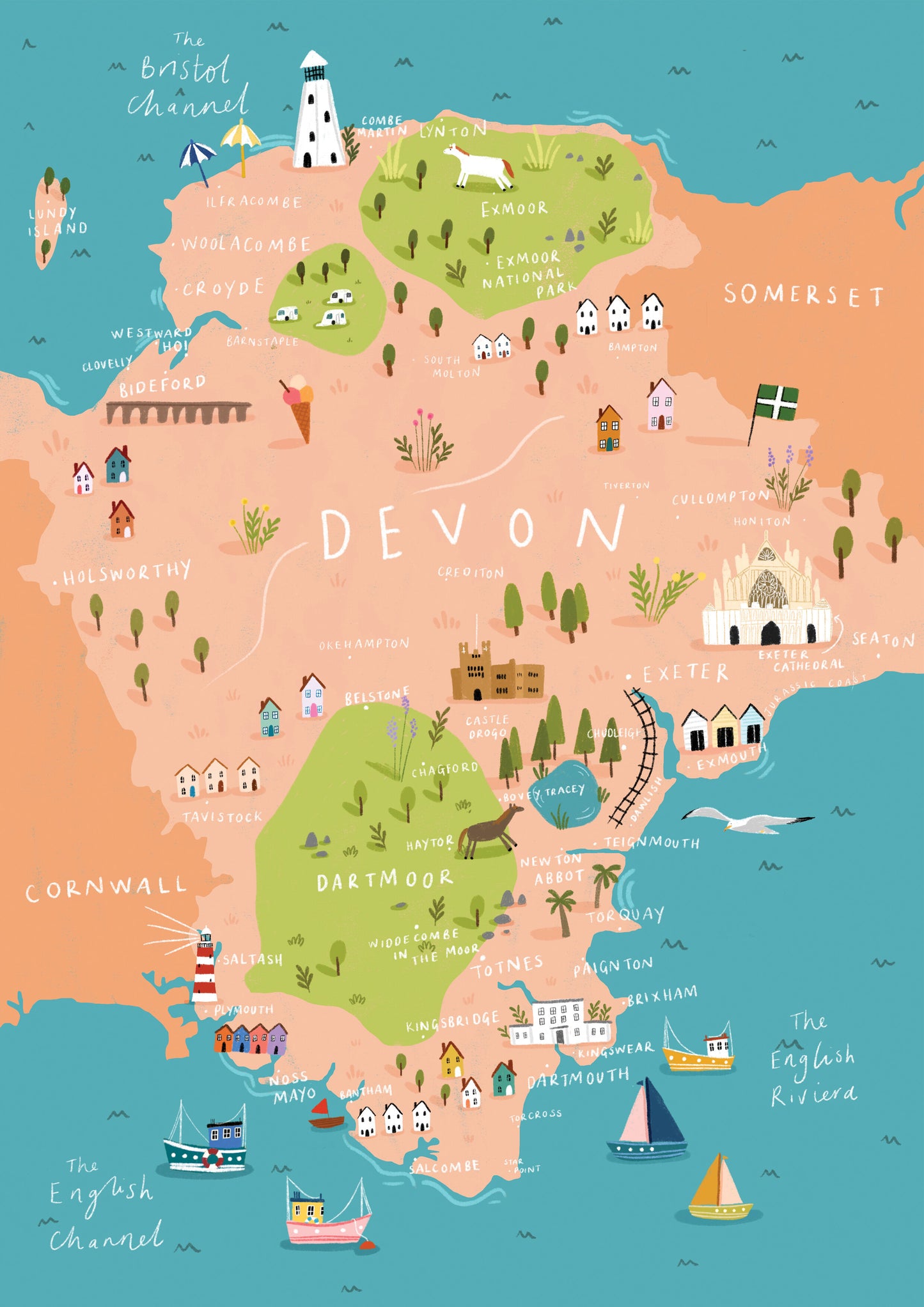 illustrated map of Devon, with all major landmarks and labels of places, written in the middle is 'Devon' in white. The background is teal for the sea with boats, surfers and seagulls.