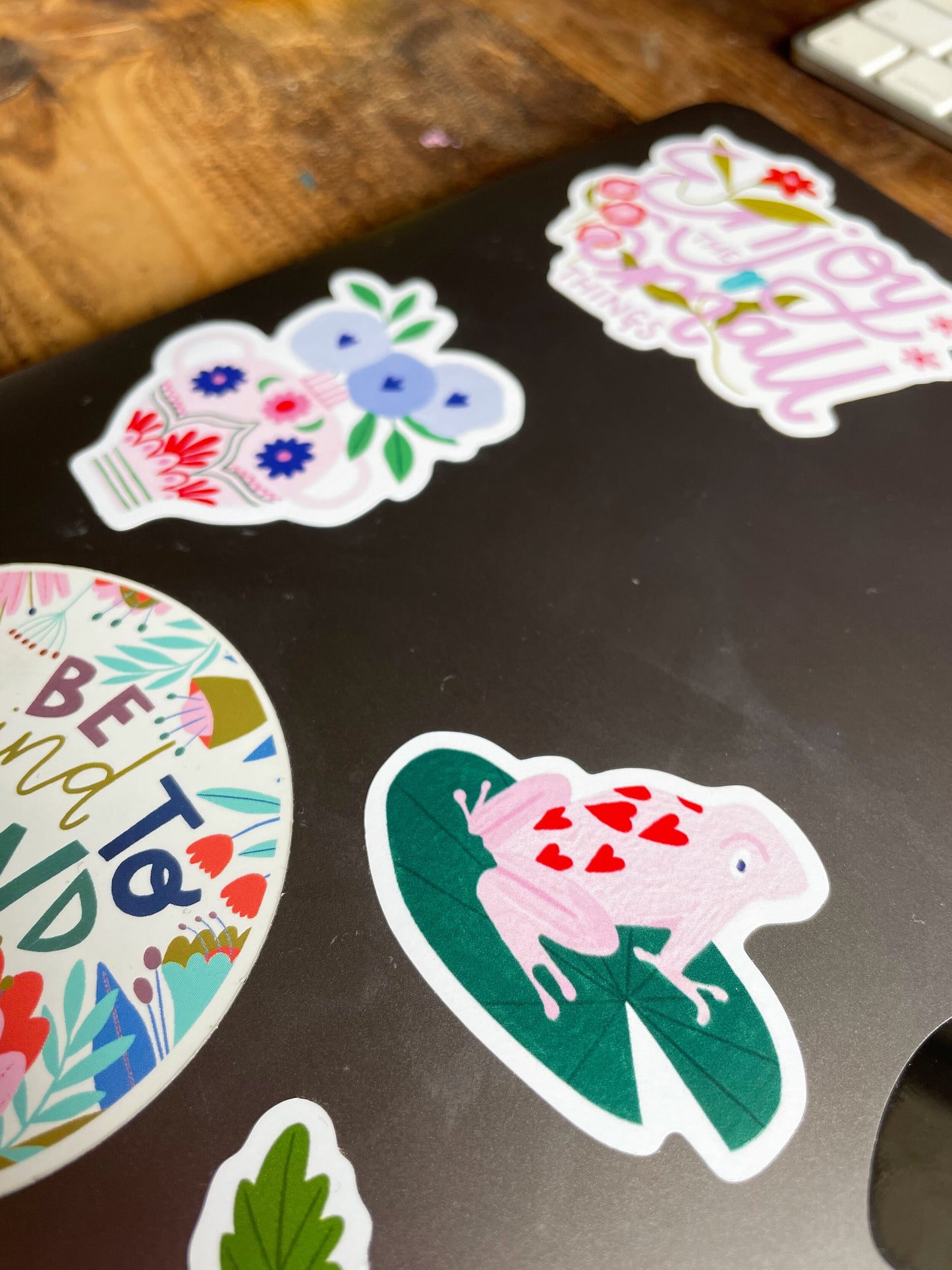 small vinyl sticker with a pink frog with hearts on it sitting on a dark green lily pad. showing the sticker stuck on a laptop