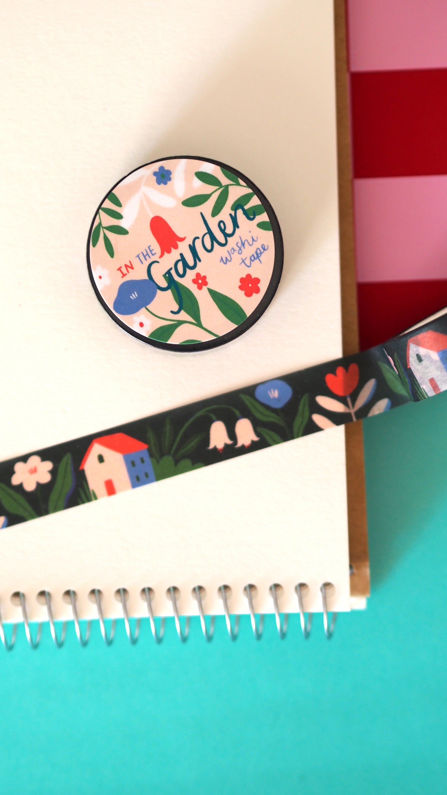 in the garden washi tape, dark green tape with flowers and houses and leaves