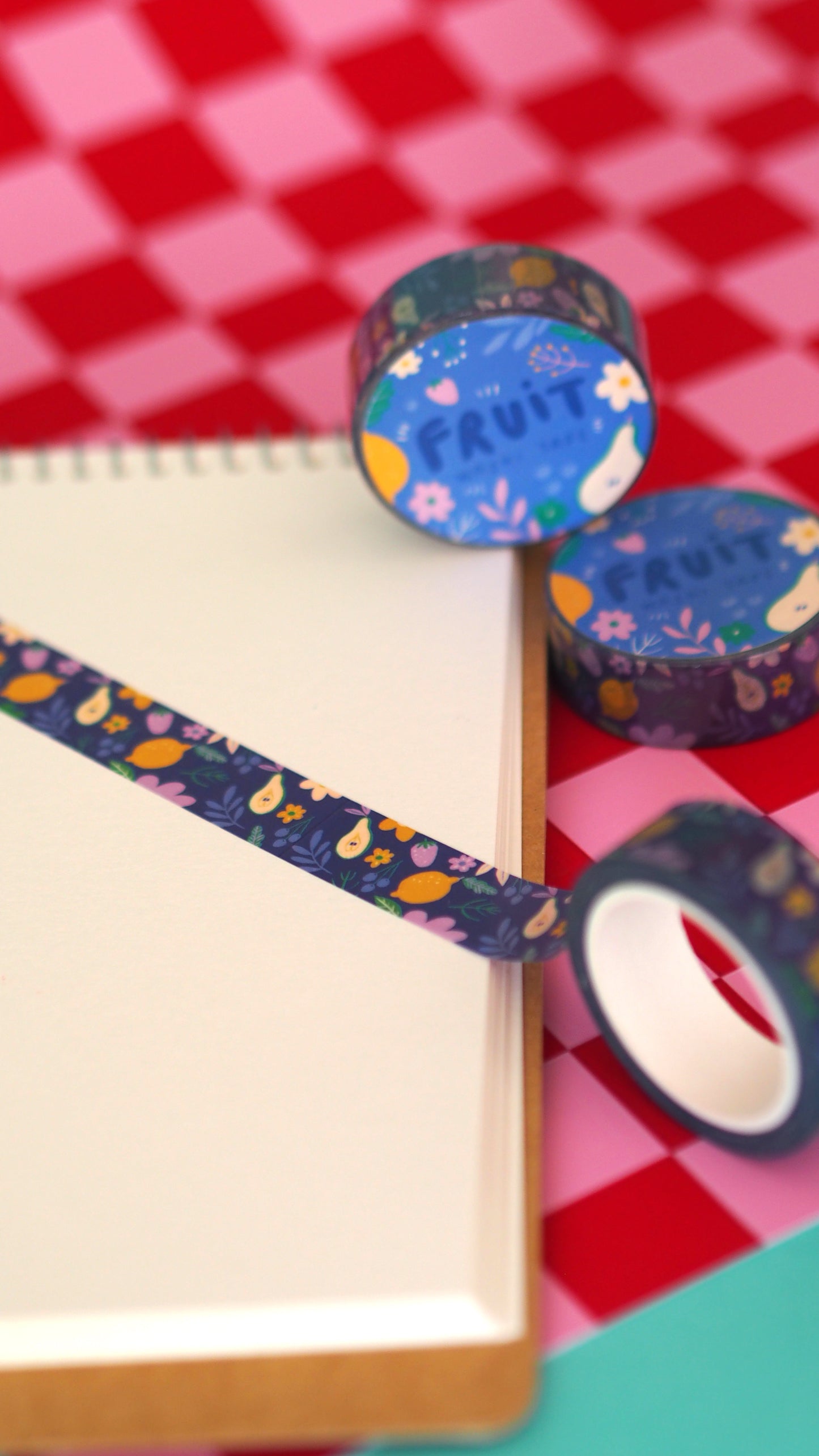 blue fruit washi tape, with lemons, flowers, pears and strawberries