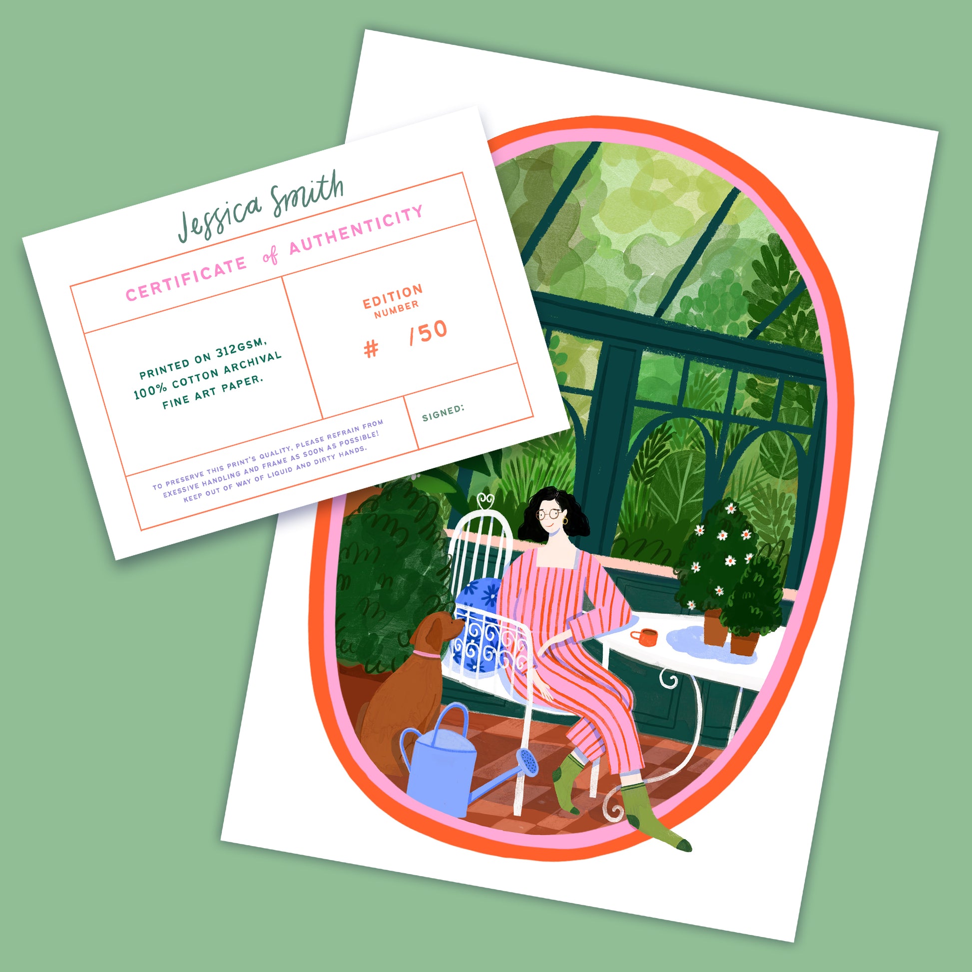 lady sitting in green house as a white ornate table and chair with her amber dog and blue watering can. there are lots of plants and the lady is wearing a pink and red striped jumpsuit