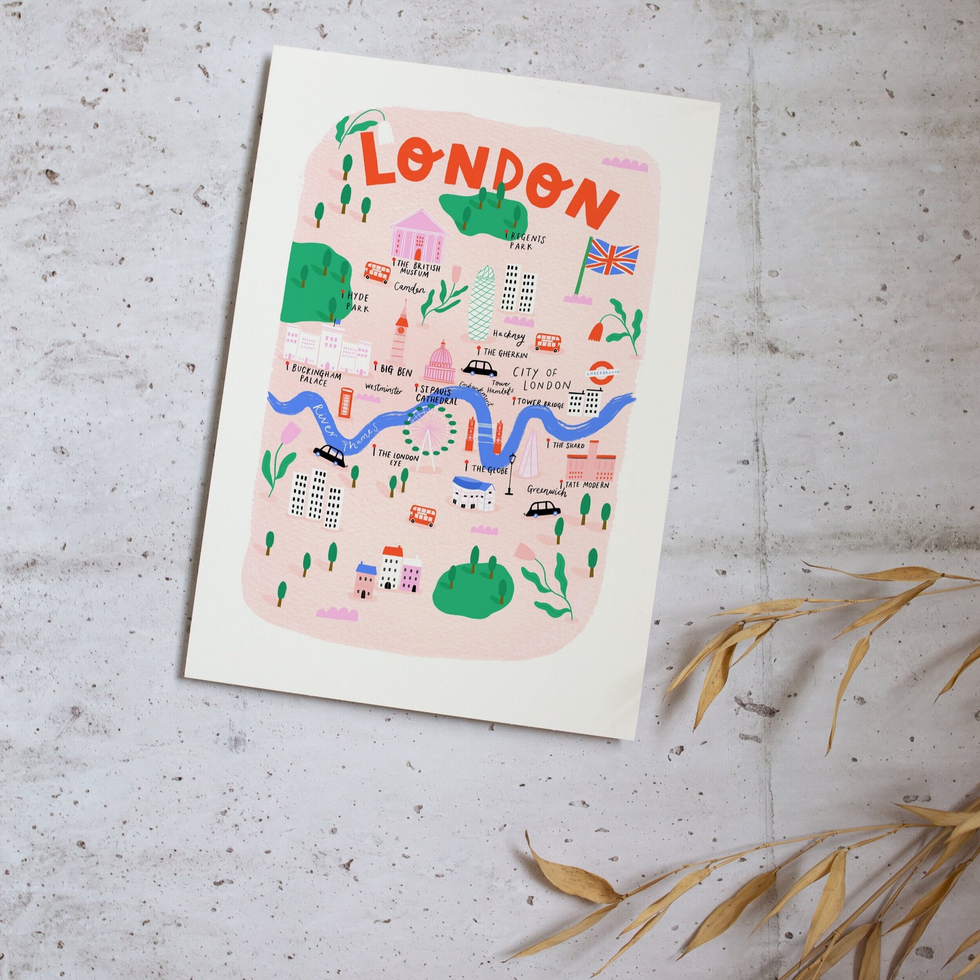 illustrated map of London, with pink background and all major landmarks. London is written at the top in red